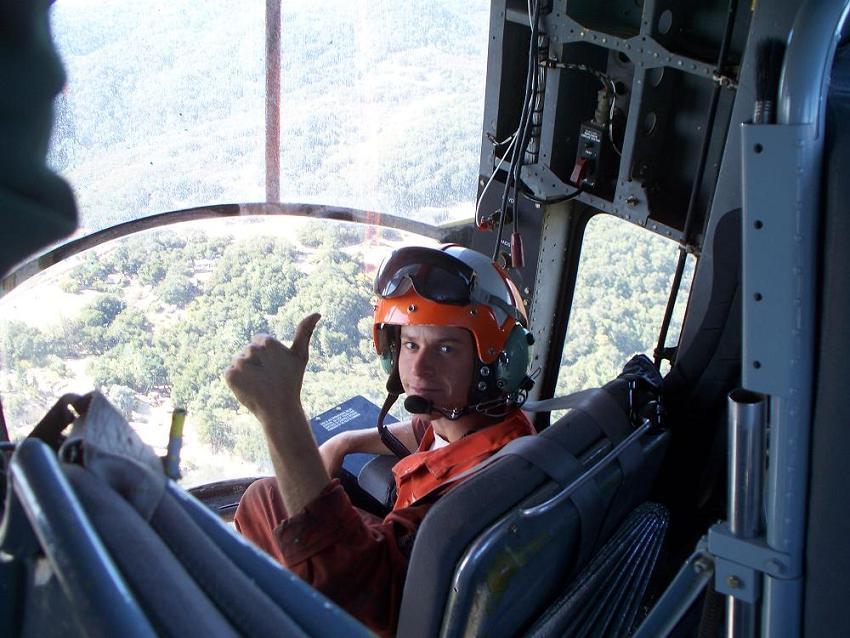 Langley Flying School graduate Bryan Dudas in his workplace, the Sikorsky S-64 Skycrane.  Langley Flying School
